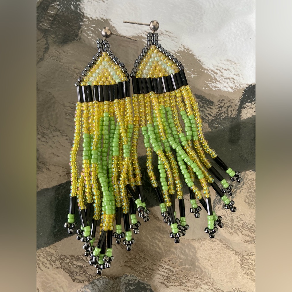 Fabulous 3in” Intricate Beading Fringe Earrings•Smoked Crome•Yellow•Black•Green